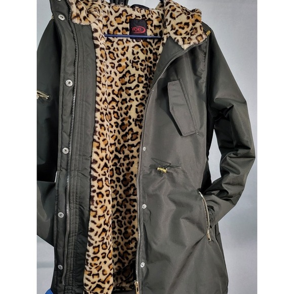 Yoki Olive Green Anorak Jacket Leopard Faux Fur Lined Hooded Drawstring - Picture 2 of 11